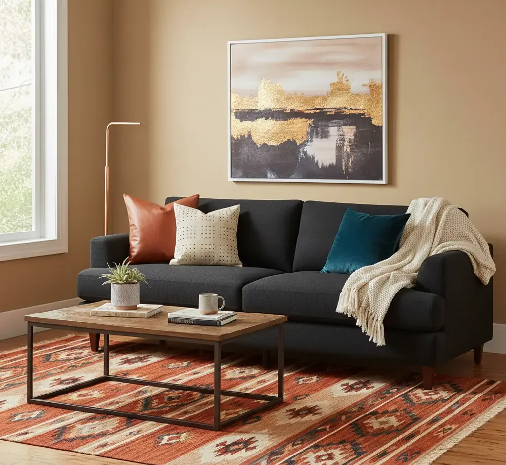 A modern living room featuring a black sofa decorated with warm-toned pillows (terracotta, cream, dark teal) and a cream throw blanket. A rectangular coffee table with a wooden top and black metal frame sits on a large Southwestern-style area rug with geometric patterns in shades of terracotta, rust, cream, and dark brown. The walls are a warm beige, and a large abstract painting with gold accents hangs above the sofa. A tall, slim floor lamp is visible in the corner next to a window.